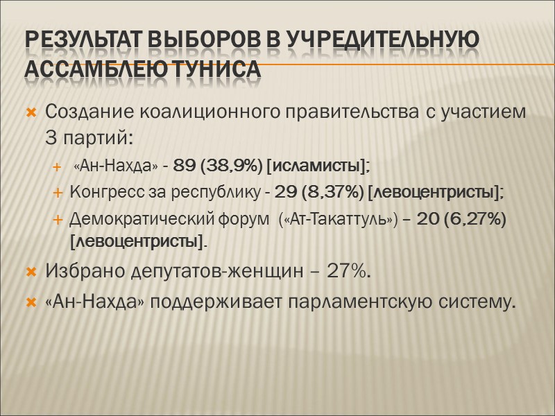 Результат выборов в Учредительную Ассамблею Туниса Создание коалиционного правительства с участием 3 партий: 